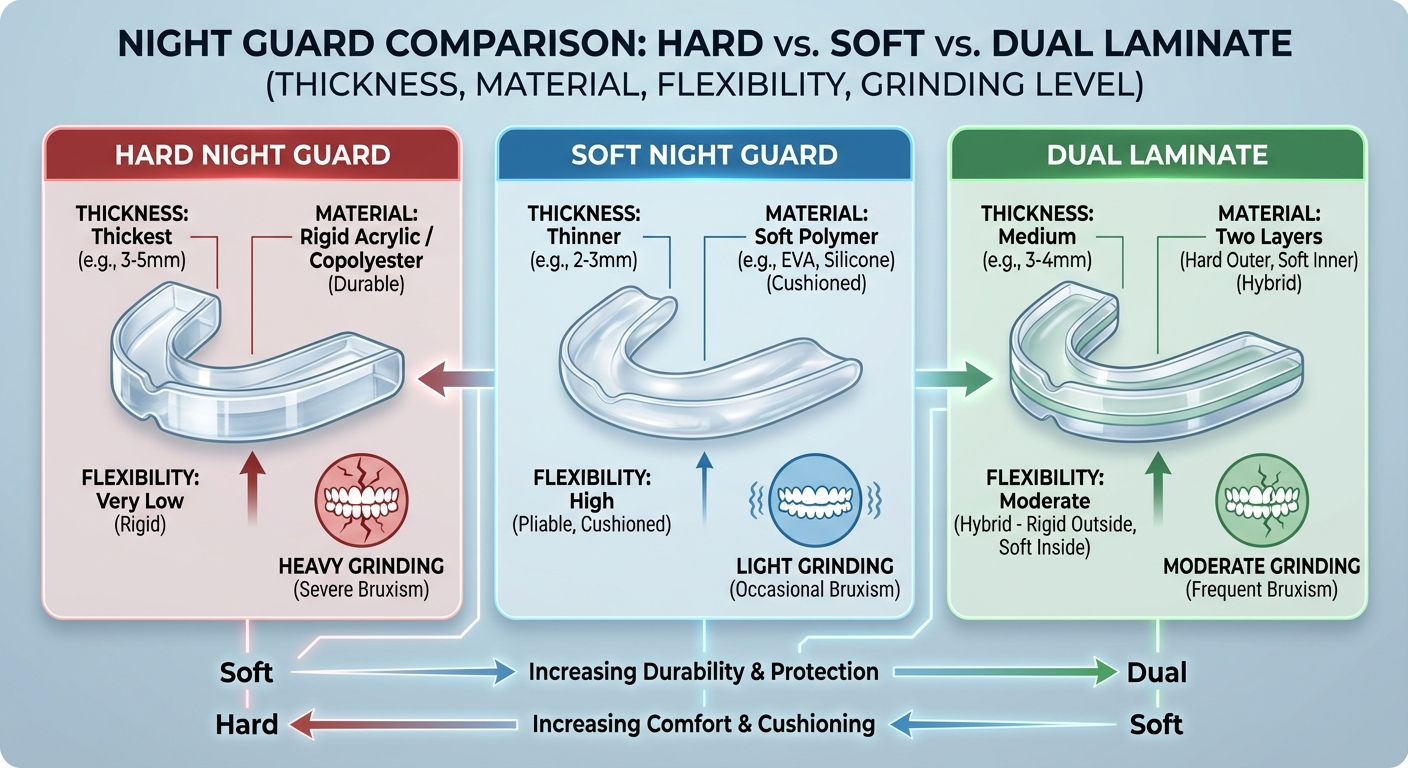 Infographic comparing hard, soft, and dual-laminate night guard types for jaw clenching