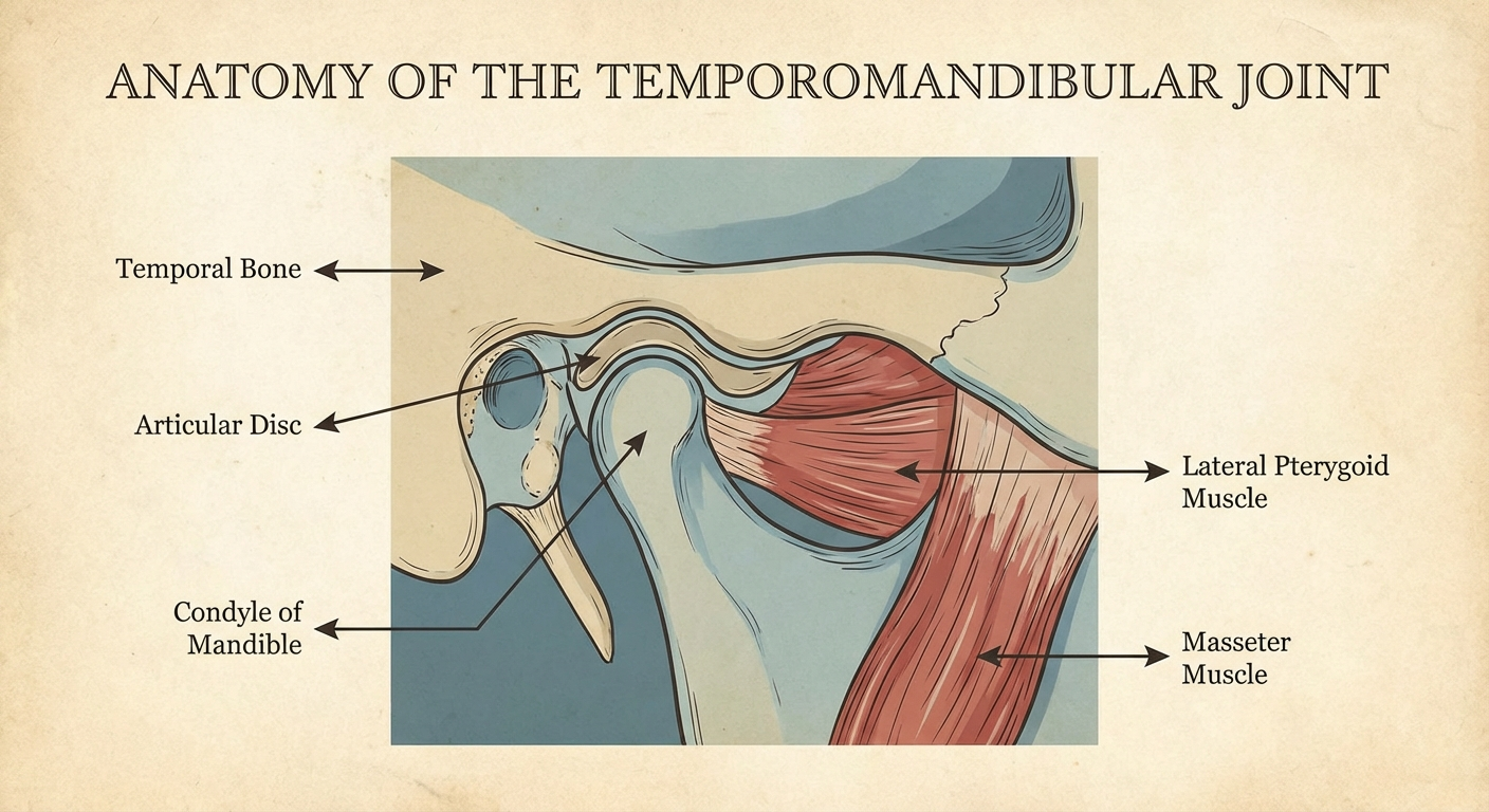 Anatomical diagram of the temporomandibular joint showing condyle, disc, and surrounding muscles