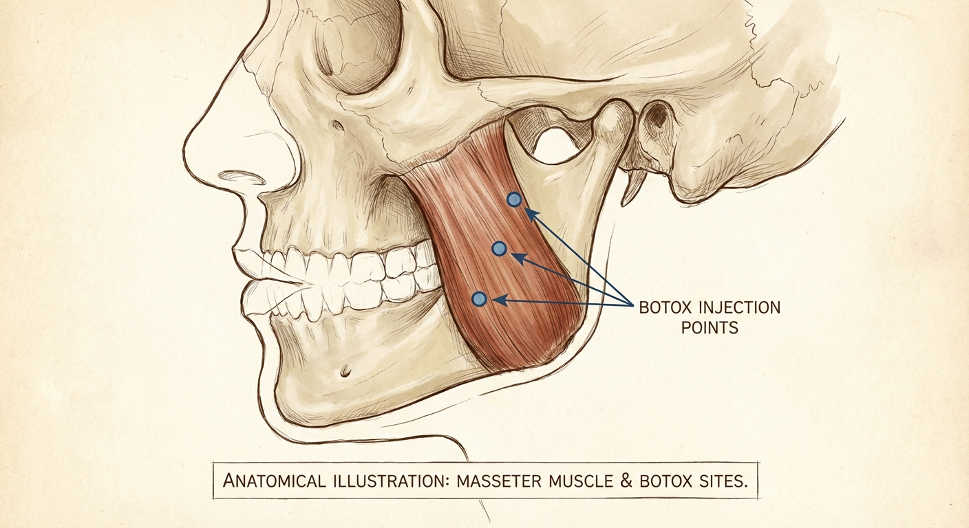 Illustration highlighting the masseter muscle and temporalis muscle on a human skull model