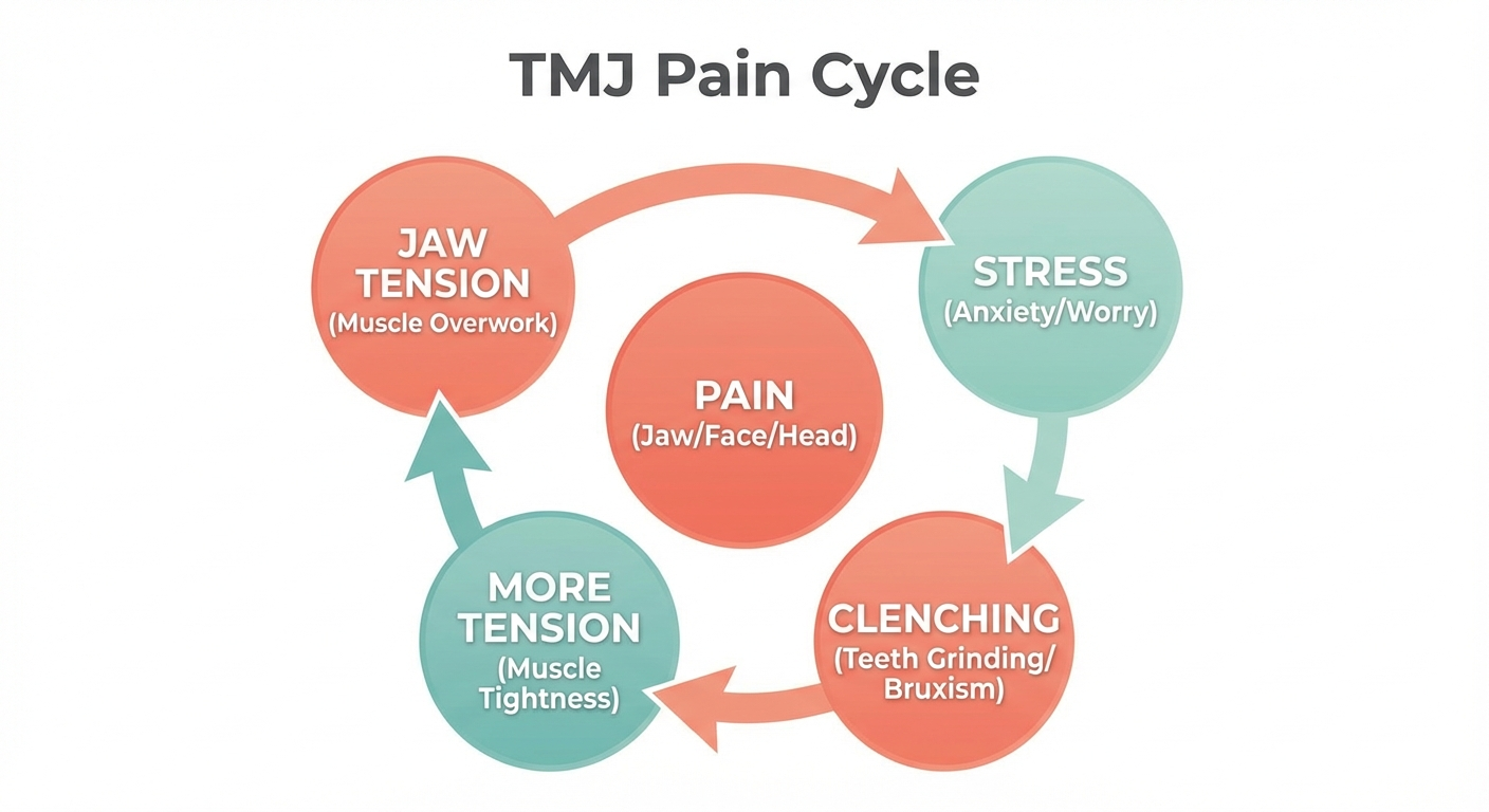 Medical infographic: A clear dental mouth guard for TMJ and bruxism, photographed on a clea