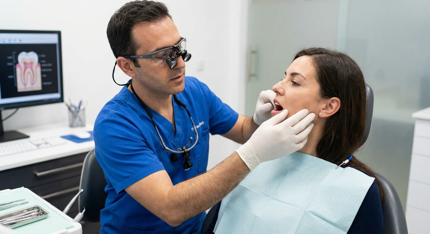 [dentist examining patient jaw for TMJ diagnosis]
