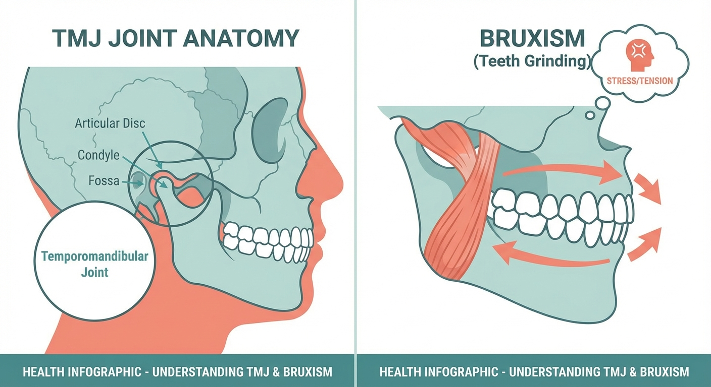 Medical illustration showing the anatomical proximity between the TMJ and the ear canal